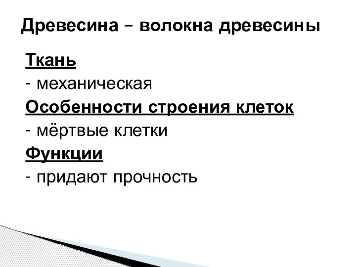 Ткань - механическая Особенности строения клеток - мёртвые клетки Функции - придают