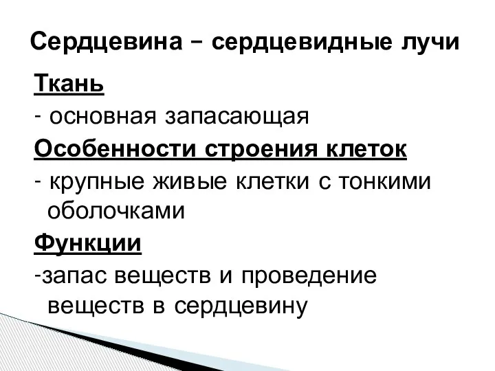 Ткань - основная запасающая Особенности строения клеток - крупные живые клетки с