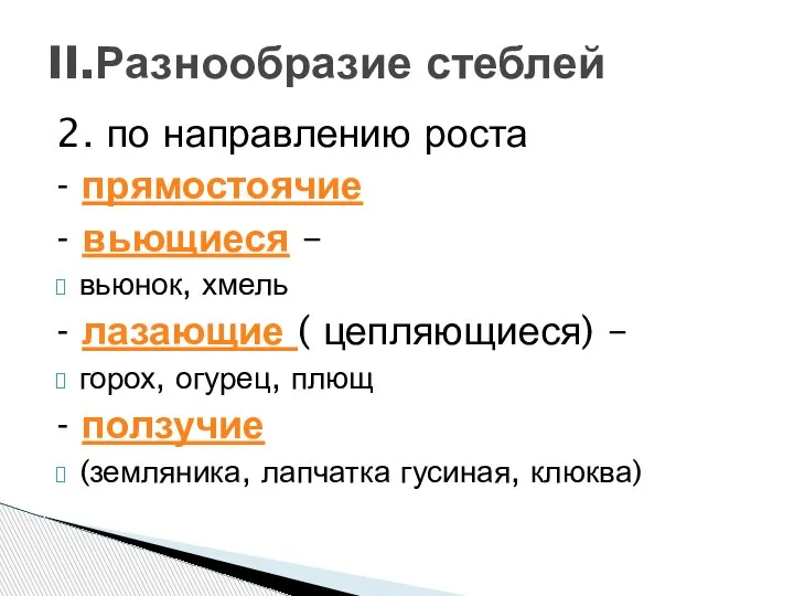 2. по направлению роста - прямостоячие - вьющиеся – вьюнок, хмель -