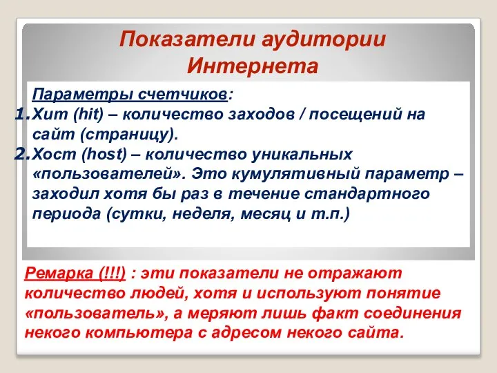 Показатели аудитории Интернета Параметры счетчиков: Хит (hit) – количество заходов / посещений