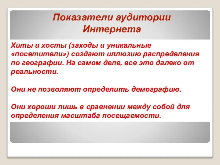 Показатели аудитории Интернета Хиты и хосты (заходы и уникальные «посетители») создают иллюзию