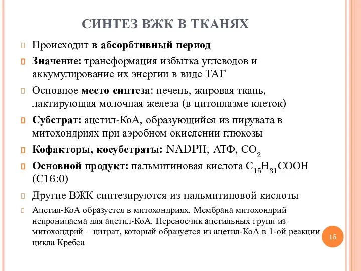 СИНТЕЗ ВЖК В ТКАНЯХ Происходит в абсорбтивный период Значение: трансформация избытка углеводов