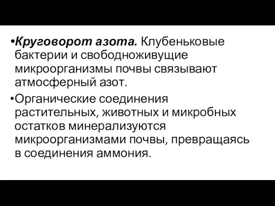 Круговорот азота. Клубеньковые бактерии и свободноживущие микроорганизмы почвы связывают атмосферный азот. Органиче­ские