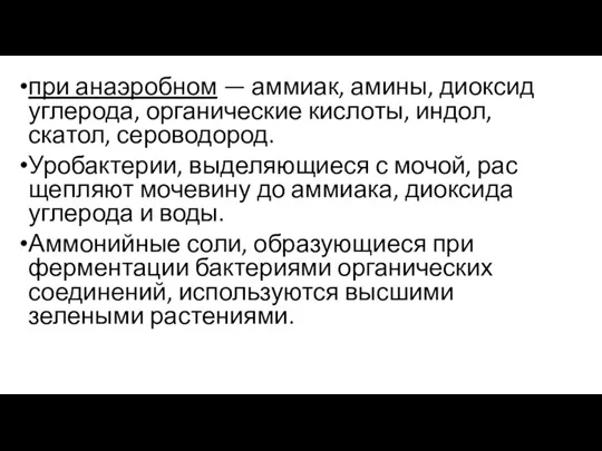 при анаэробном — аммиак, амины, диоксид углерода, органические кислоты, индол, скатол, сероводород.