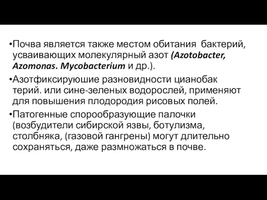 Почва является также местом обитания бактерий, усваивающих молекулярный азот (Azotobacter, Azomonas. Mycobacterium