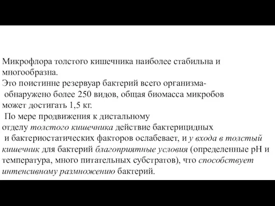 Микрофлора толстого кишечника наиболее стабильна и многообразна. Это поистинне резервуар бактерий всего