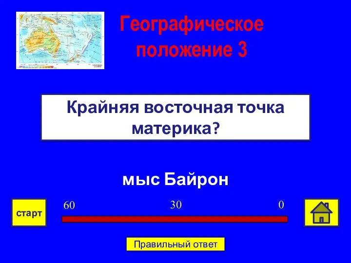 мыс Байрон Крайняя восточная точка материка? Географическое положение 3 0 30 60 старт Правильный ответ