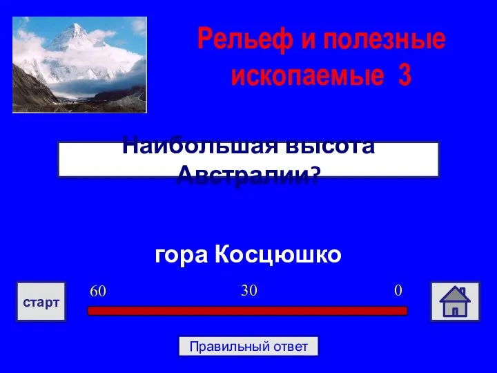 гора Косцюшко Наибольшая высота Австралии? Рельеф и полезные ископаемые 3 0 30 60 старт Правильный ответ