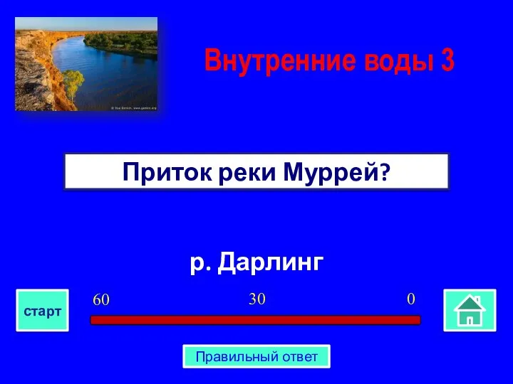 р. Дарлинг Приток реки Муррей? Внутренние воды 3 0 30 60 старт Правильный ответ