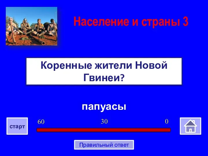 папуасы Коренные жители Новой Гвинеи? Население и страны 3 0 30 60 старт Правильный ответ