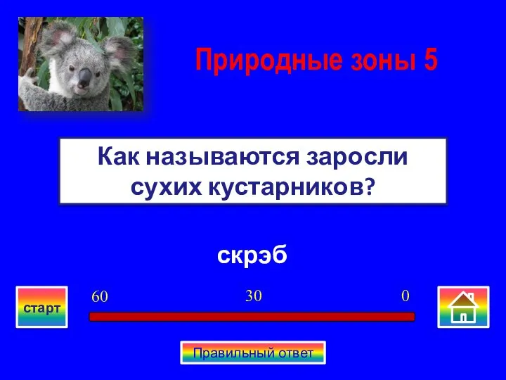 скрэб Как называются заросли сухих кустарников? Природные зоны 5 0 30 60 старт Правильный ответ