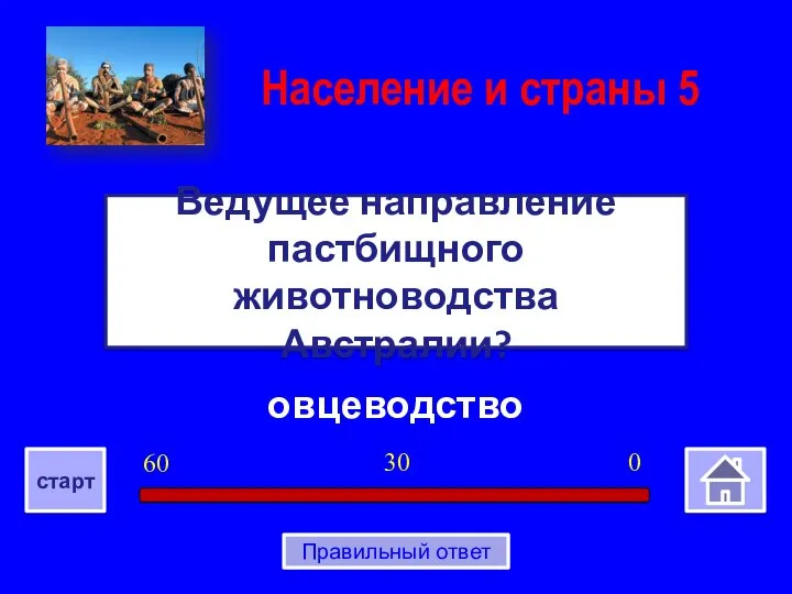 овцеводство Ведущее направление пастбищного животноводства Австралии? Население и страны 5 0 30 60 старт Правильный ответ