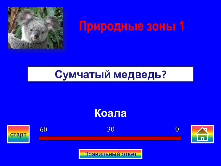 Коала Сумчатый медведь? Природные зоны 1 0 30 60 старт Правильный ответ