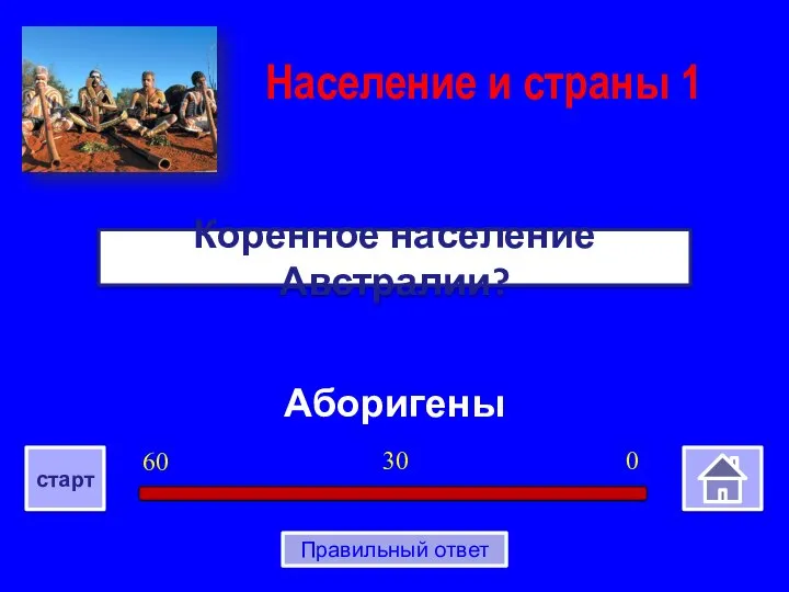 Аборигены Коренное население Австралии? Население и страны 1 0 30 60 старт Правильный ответ