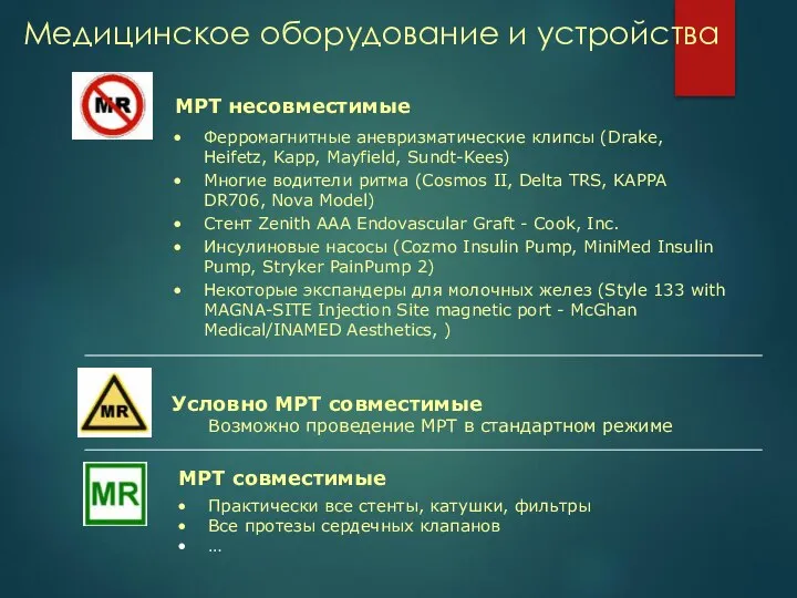 Медицинское оборудование и устройства МРТ совместимые Ферромагнитные аневризматические клипсы (Drake, Heifetz, Kapp,