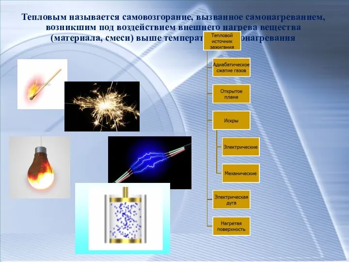 Тепловым называется самовозгорание, вызванное самонагреванием, возникшим под воздействием внешнего нагрева вещества (материала, смеси) выше температуры самонагревания