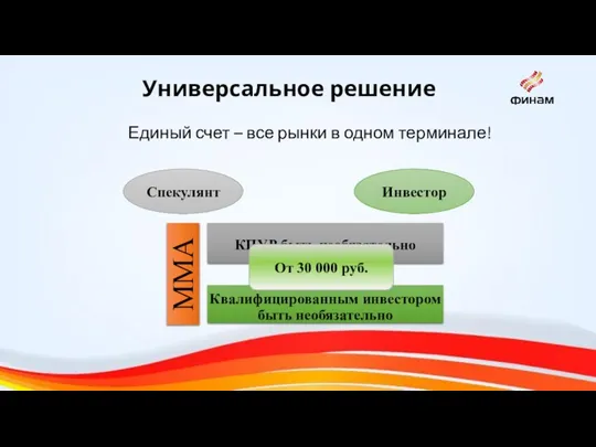 Универсальное решение Единый счет – все рынки в одном терминале! Спекулянт Инвестор От 30 000 руб.