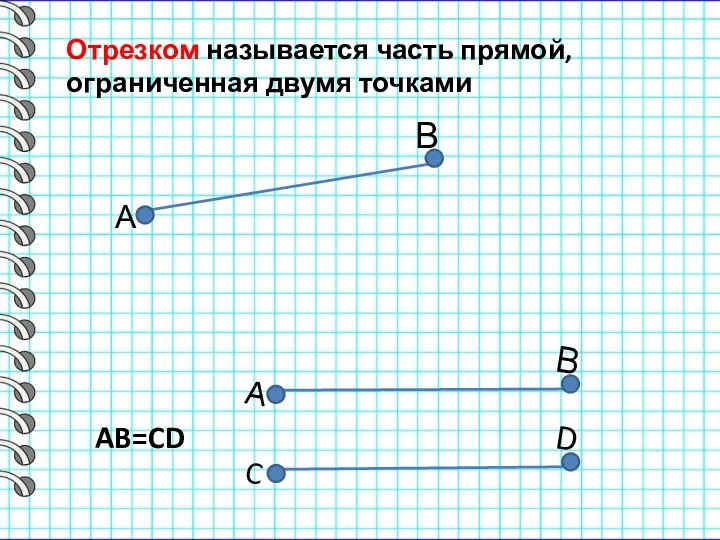 Отрезком называется часть прямой, ограниченная двумя точками А В AB=CD