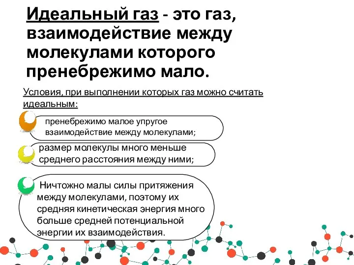 Идеальный газ - это газ, взаимодействие между молекулами которого пренебрежимо мало. Условия,