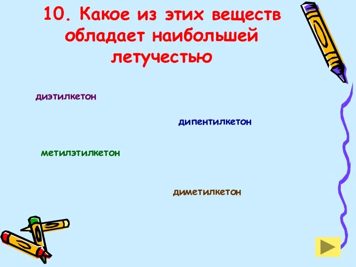 10. Какое из этих веществ обладает наибольшей летучестью диэтилкетон дипентилкетон метилэтилкетон диметилкетон