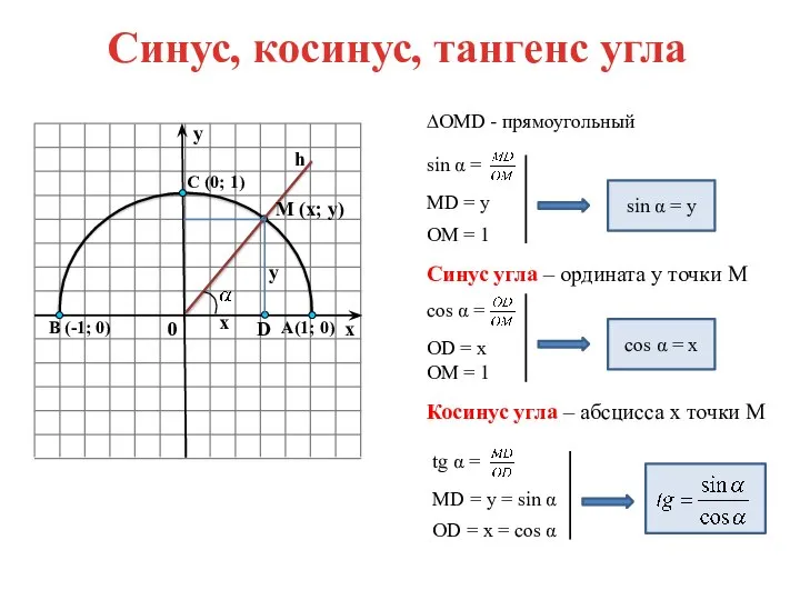 sin α = ∆OMD - прямоугольный MD = y OM = 1
