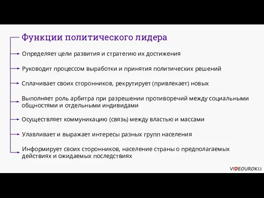 Определяет цели развития и стратегию их достижения Функции политического лидера Руководит процессом