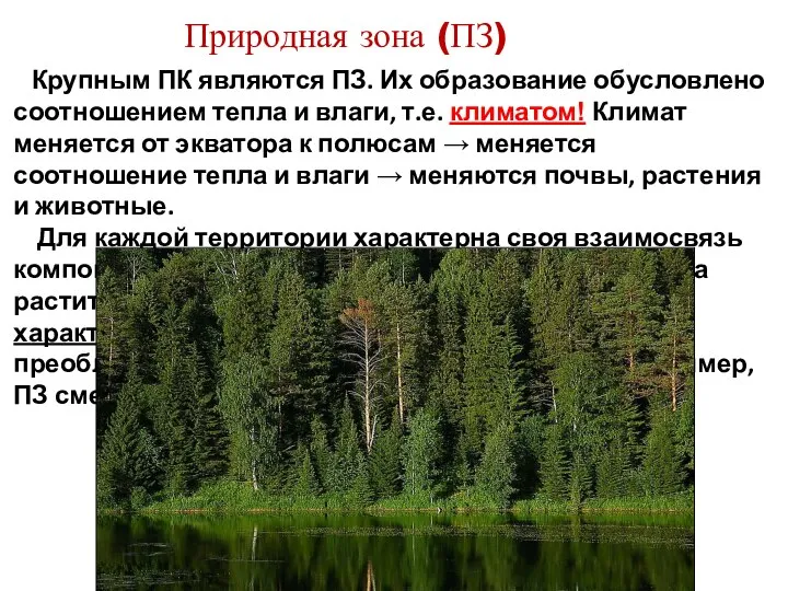 Природная зона (ПЗ) Крупным ПК являются ПЗ. Их образование обусловлено соотношением тепла