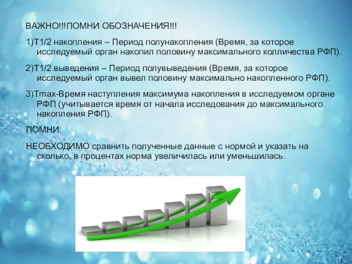 ВАЖНО!!!ПОМНИ ОБОЗНАЧЕНИЯ!!! 1)Т1/2 накопления – Период полунакопления (Время, за которое исследуемый орган