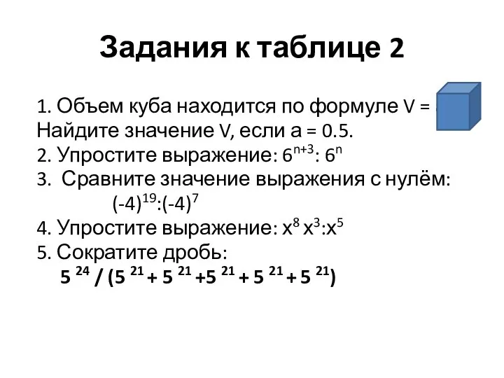 Задания к таблице 2 1. Объем куба находится по формуле V =