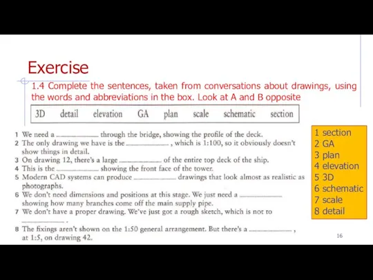 Exercise 1.4 Complete the sentences, taken from conversations about drawings, using the