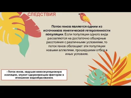 СЛЕДСТВИЯ Поток генов является одним из источников генетической гетерогенности популяции. Если популяции