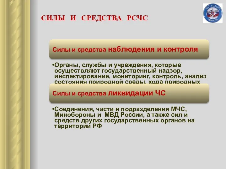 СИЛЫ И СРЕДСТВА РСЧС Силы и средства наблюдения и контроля Органы, службы