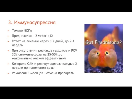 3. Иммуносупрессия Только ИОГА Преднизолон - 2 мг/кг q12 Ответ на лечение