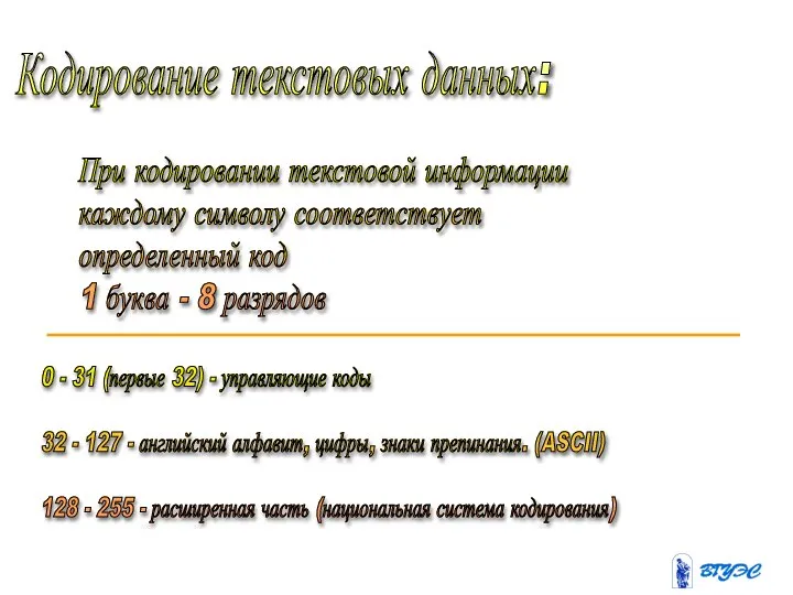 Кодирование текстовых данных: При кодировании текстовой информации каждому символу соответствует определенный код