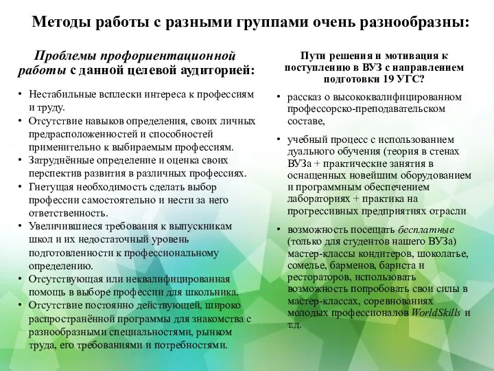 Методы работы с разными группами очень разнообразны: Проблемы профориентационной работы с данной