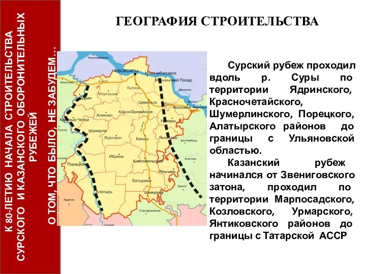 ГЕОГРАФИЯ СТРОИТЕЛЬСТВА Сурский рубеж проходил вдоль р. Суры по территории Ядринского, Красночетайского,