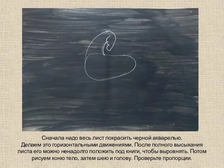 Сначала надо весь лист покрасить черной акварелью. Делаем это горизонтальными движениями. После