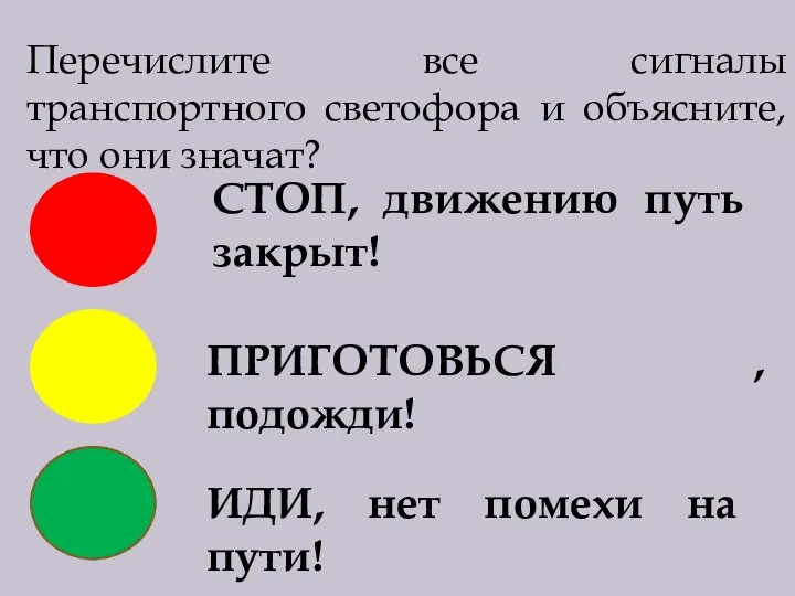 Перечислите все сигналы транспортного светофора и объясните, что они значат? СТОП, движению