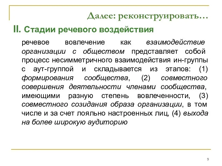 Далее: реконструировать… II. Стадии речевого воздействия речевое вовлечение как взаимодействие организации с