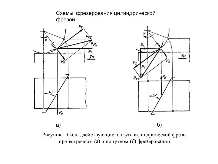 Рисунок – Силы, действующие на зуб цилиндрической фрезы при встречном (а) и