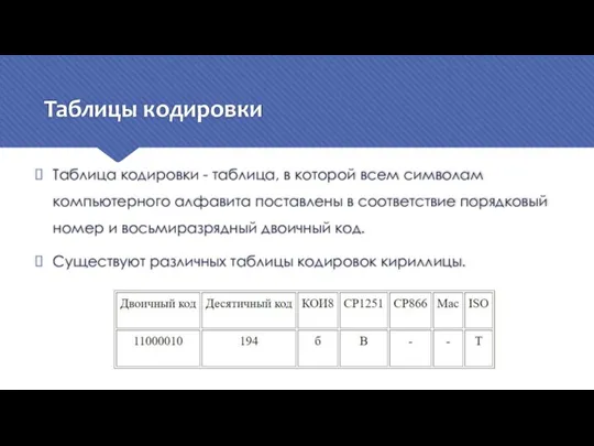 Таблицы кодировки Таблица кодировки - таблица, в которой всем символам компьютерного алфавита