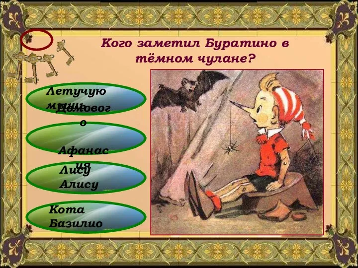 Лису Алису Кого заметил Буратино в тёмном чулане? Кота Базилио Домового Афанасия Летучую мышь