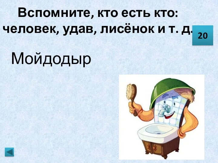 Вспомните, кто есть кто: человек, удав, лисёнок и т. д. Мойдодыр 20