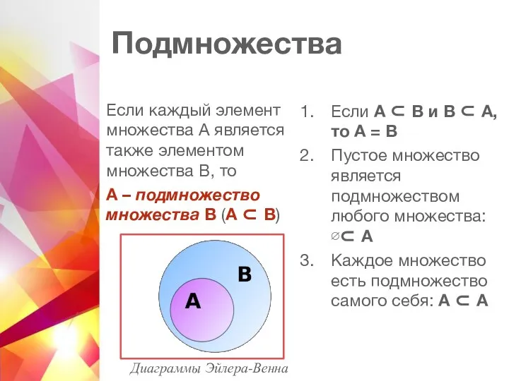 Подмножества Если каждый элемент множества А является также элементом множества В, то