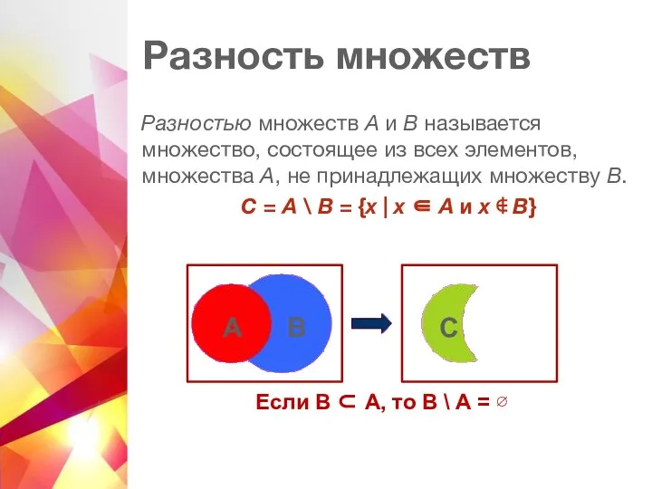 Разность множеств Разностью множеств А и В называется множество, состоящее из всех