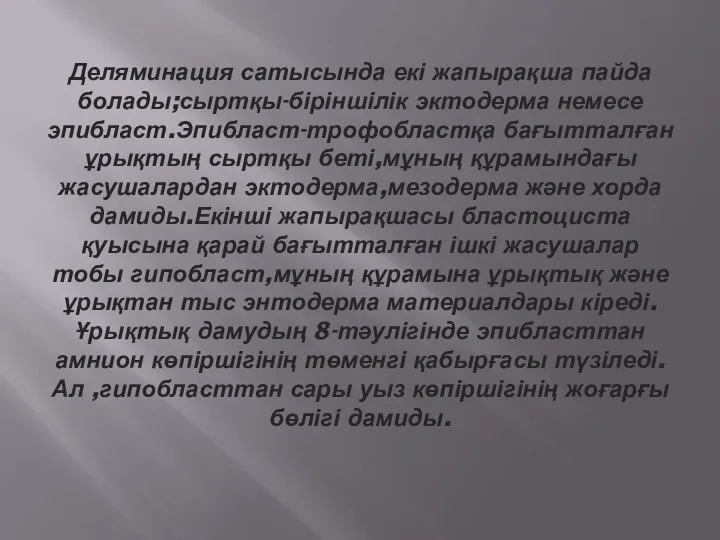 Деляминация сатысында екі жапырақша пайда болады;сыртқы-біріншілік эктодерма немесе эпибласт.Эпибласт-трофобластқа бағытталған ұрықтың сыртқы