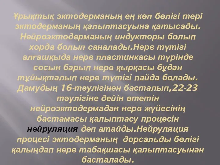 Ұрықтық эктодерманың ең көп бөлігі тері эктодерманың қалыптасуына қатысады.Нейроэктодерманың индукторы болып хорда