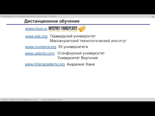 Дистанционное обучение www.intuit.ru www.edx.org www.udacity.com www.coursera.org Гарвардский университет Массачусетский технологический институт Стэнфорский