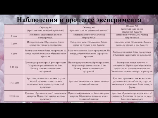 Наблюдения в процессе эксперимента