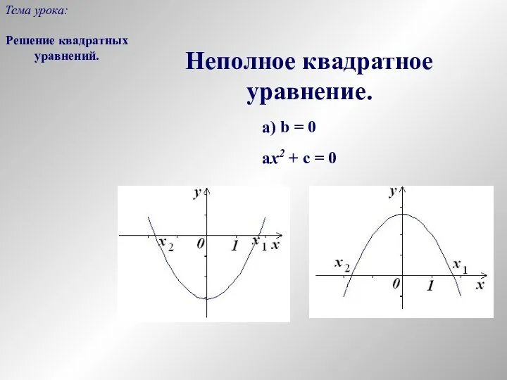 Решение квадратных уравнений. Тема урока: Неполное квадратное уравнение. а) b = 0